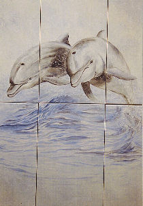 Schildert de versiering van keuken aan de hand: Sauteurs dolfijnen.
