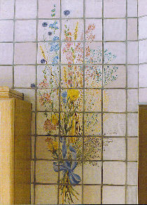 Het fresco op betegelen: Opgeschorte gestiliseerde tros van bloemen.