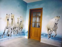  Trompe-l'oeil with horses of the Camargue in a hall. 