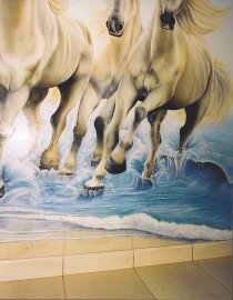  Close up on the legs of the horses and the waves invading the hall. 