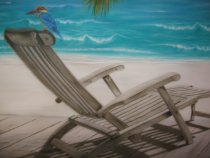 Detail of trompe-l'oeil:  deckchair out of wooden and Martin hunter.