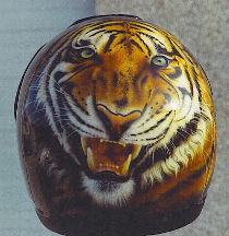  De verpersoonlijkte helm: hoofd van tijger vooraan gezien.