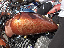 Motor bike personalized with patina and linear painting of Celtic inspiration.